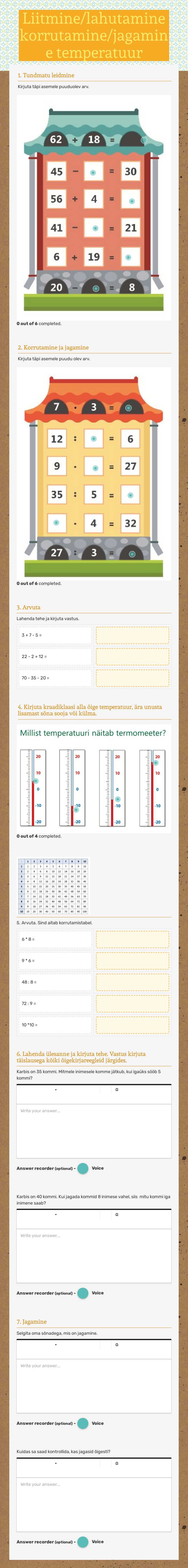 Liitmine/lahutamine korrutamine/jagamine  temperatuur worksheet preview image