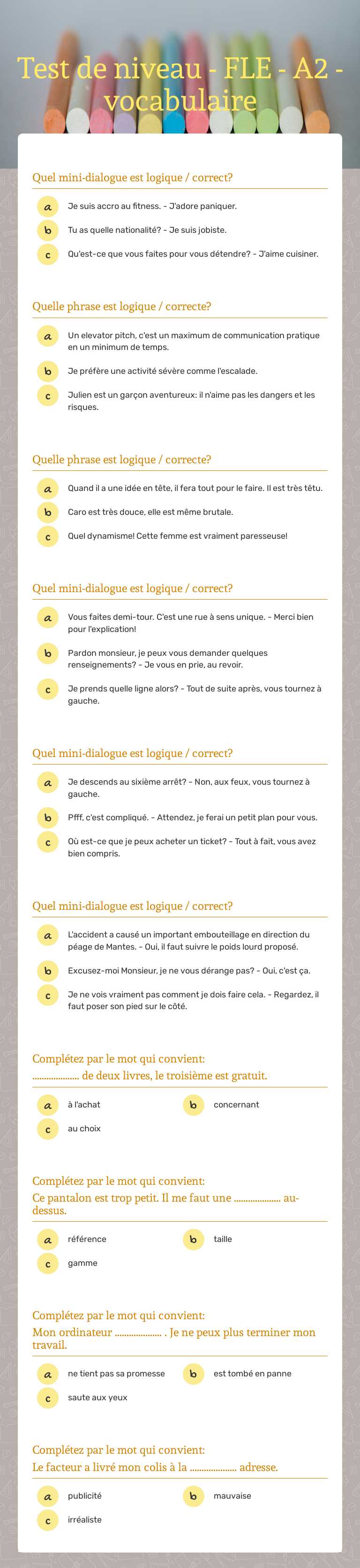 Test de niveau - FLE - A2 - vocabulaire Preschool worksheet preview