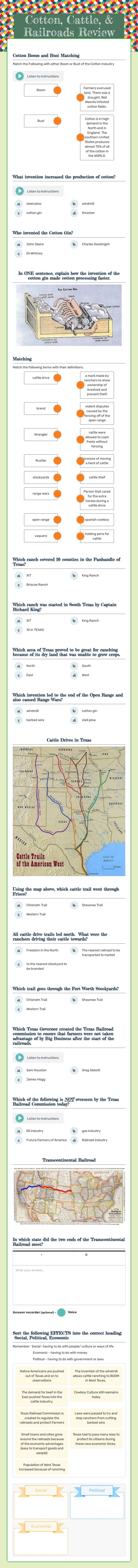 Cotton, Cattle, & Railroads Review worksheet preview image