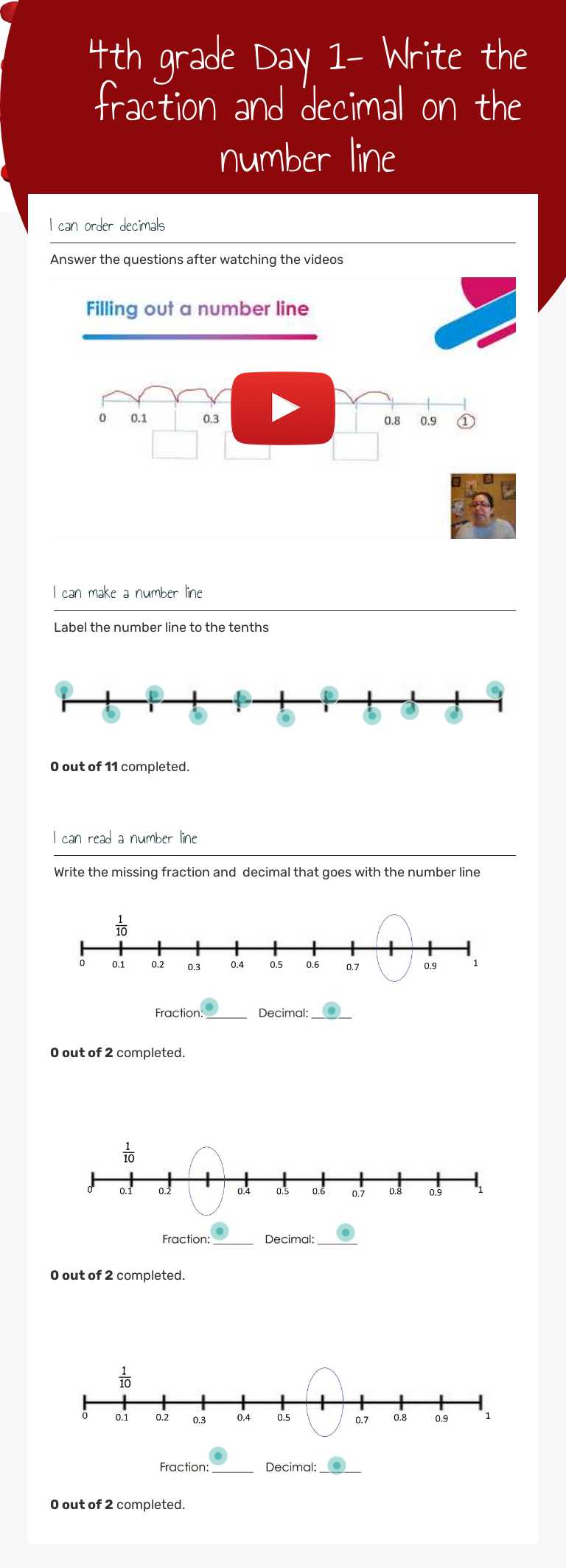 4th grade Day 1- Write the fraction and decimal on the number line worksheet preview image