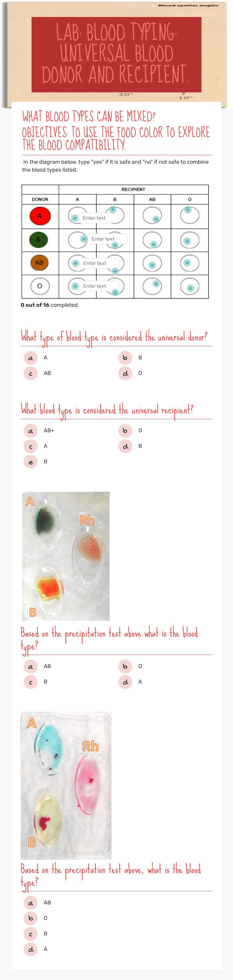 LAB: BLOOD TYPING: UNIVERSAL BLOOD DONOR AND RECIPIENT. Grade 10 worksheet preview