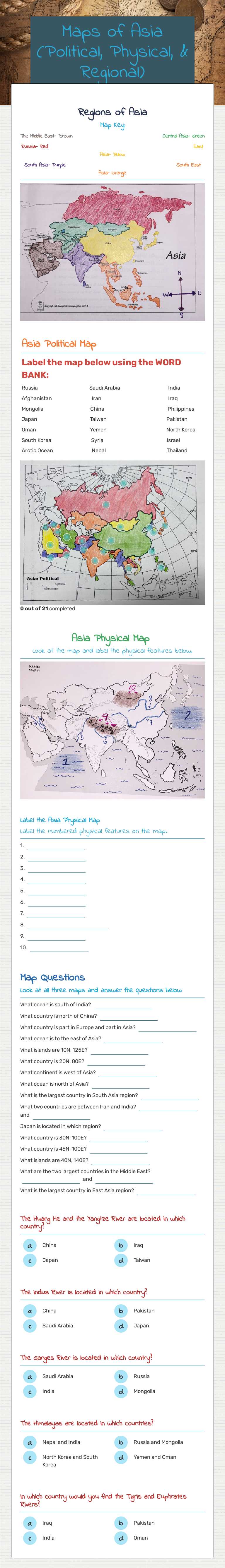 Maps of Asia (Political, Physical, & Regional) worksheet preview image