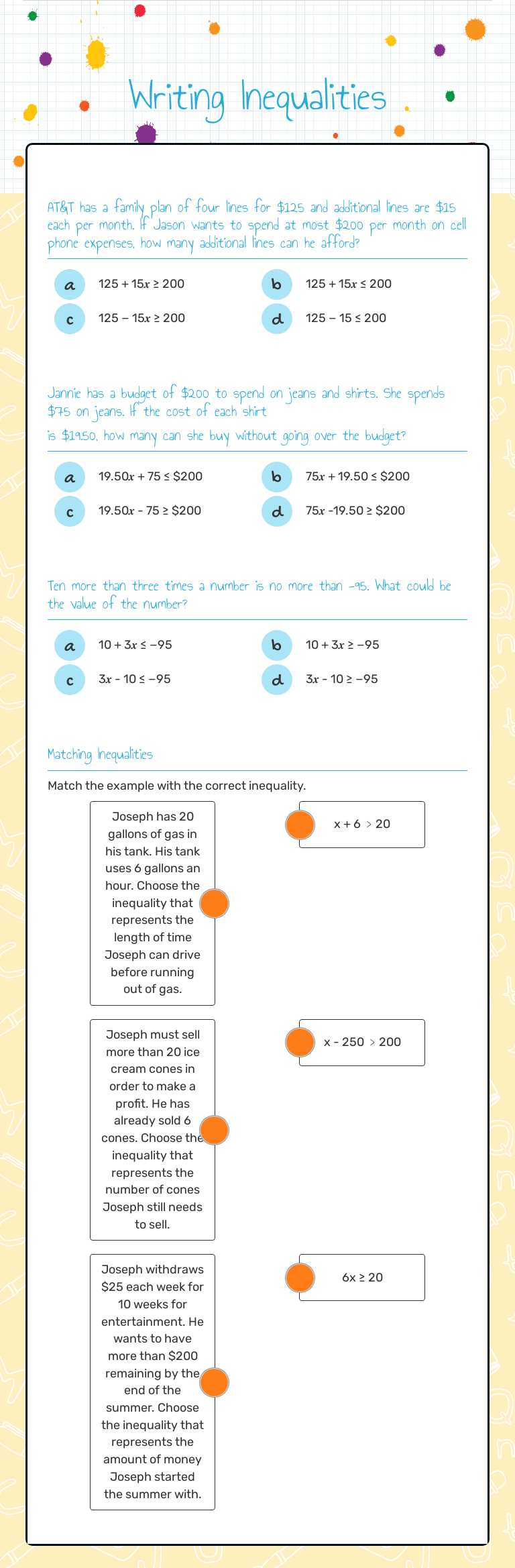 Writing Inequalities Grade 7 worksheet preview