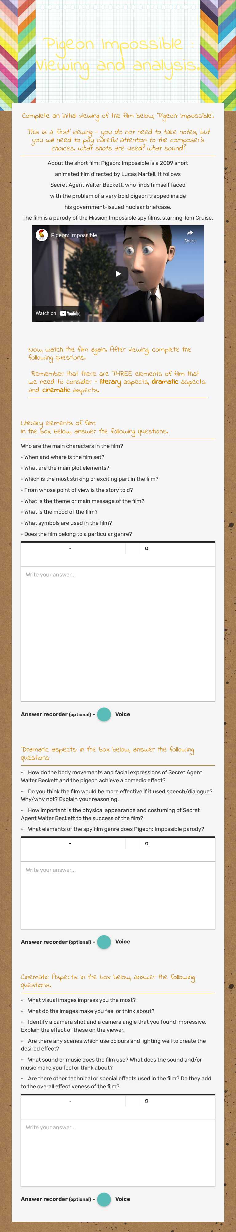 Pigeon Impossible : Viewing and analysis. worksheet preview image