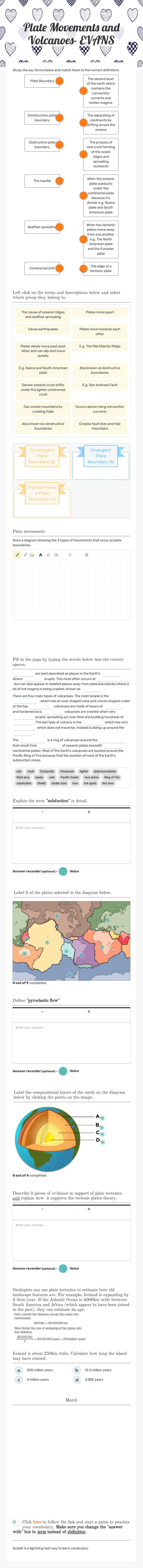 Plate Movements and Volcanoes- EVANS worksheet preview image