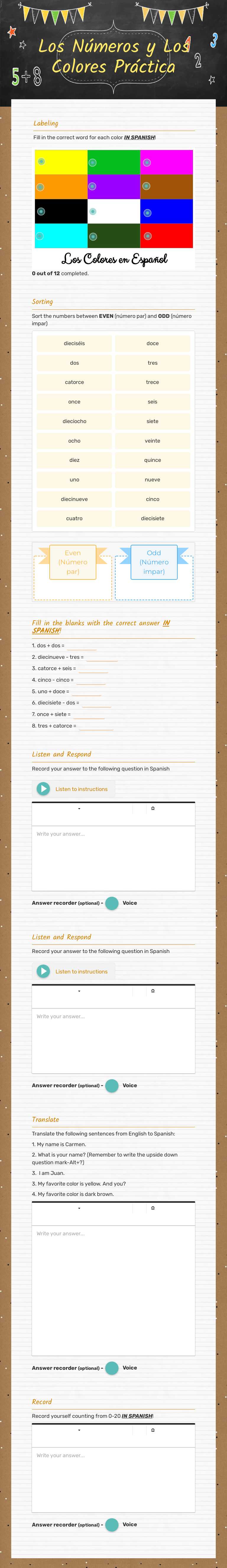 Los Números y Los Colores Práctica Grade 10 worksheet preview
