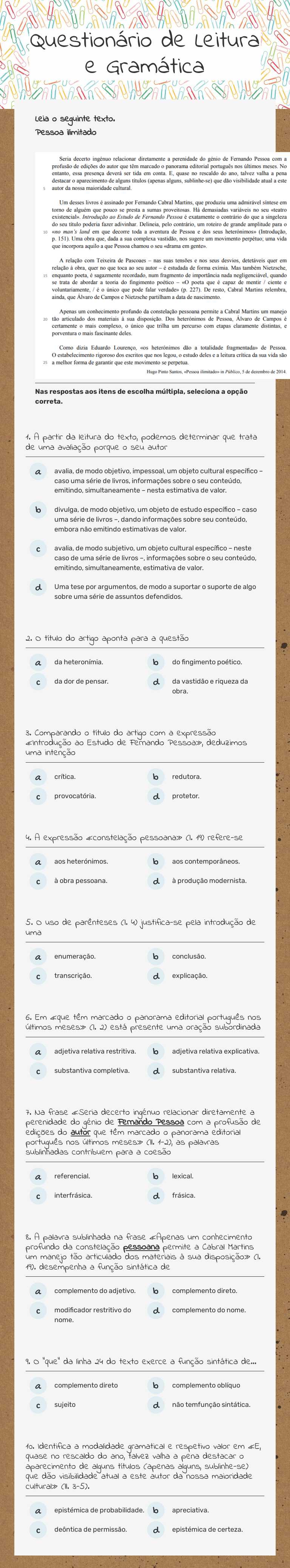 Questionário de Leitura e Gramática Grade 12 worksheet preview