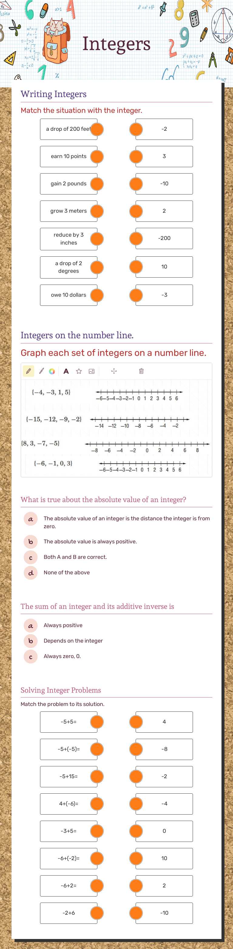 Integers Grade 9 worksheet preview