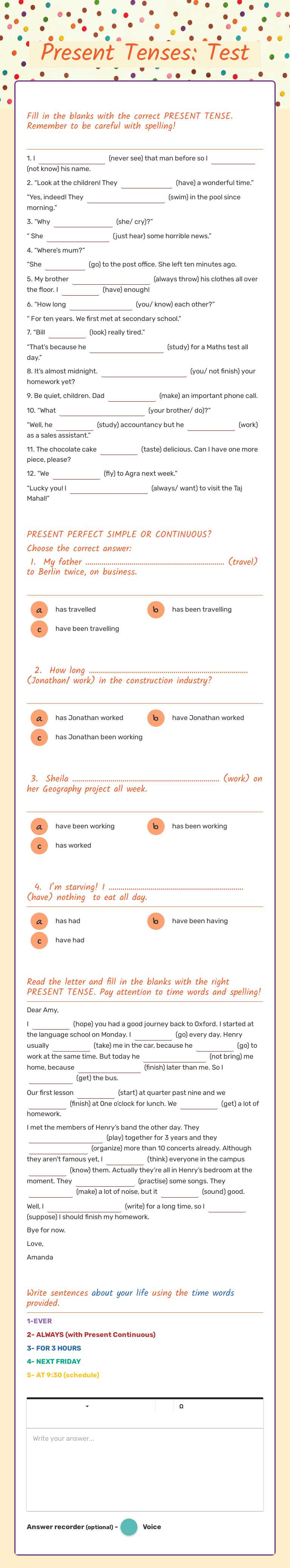 Present Tenses: Test worksheet preview image