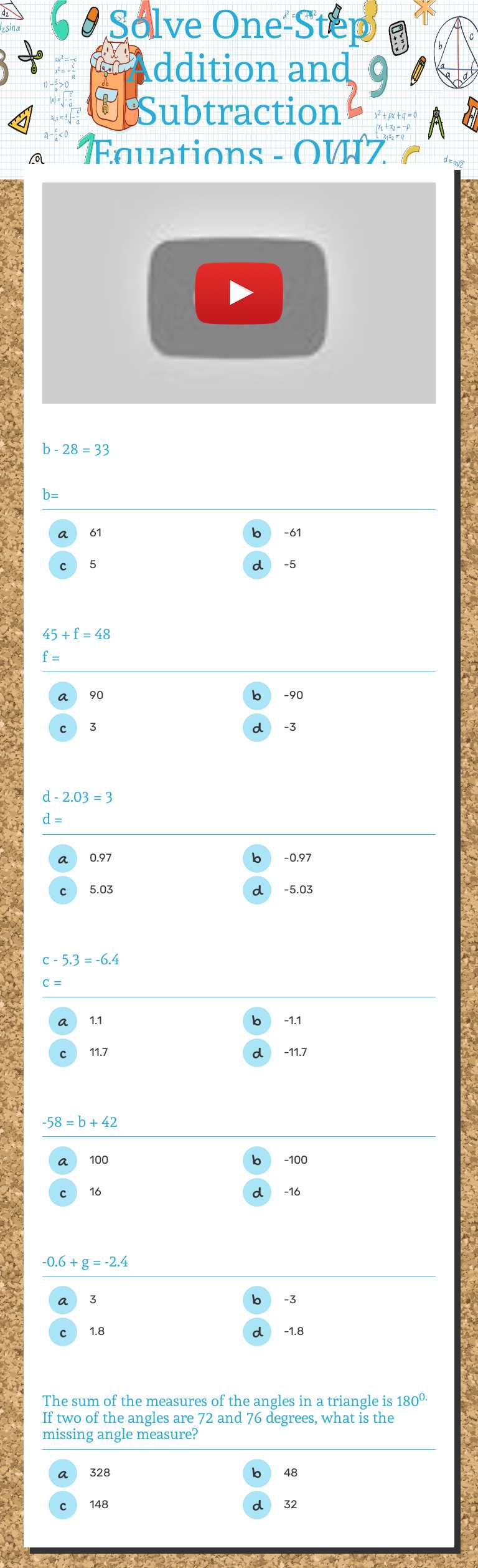 Solve One-Step Addition and Subtraction Equations - QUIZ Grade 6 worksheet preview