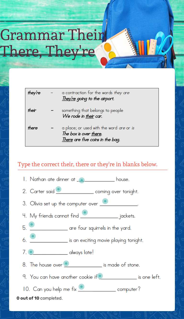 Grammar                 Their, There, They're Grade 7 worksheet preview