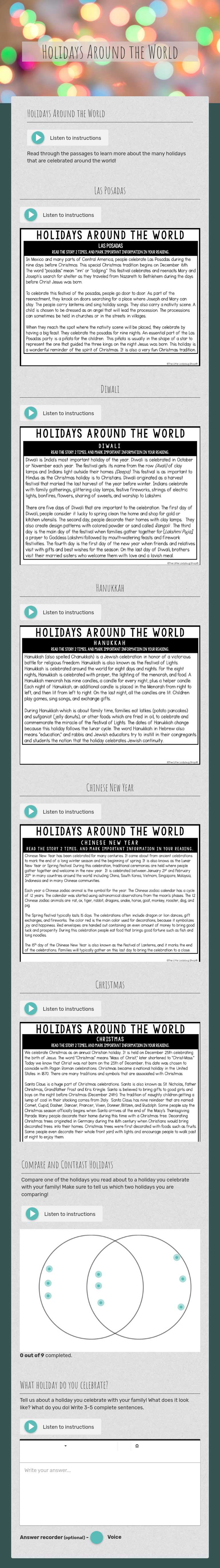 Holidays Around the World worksheet preview image