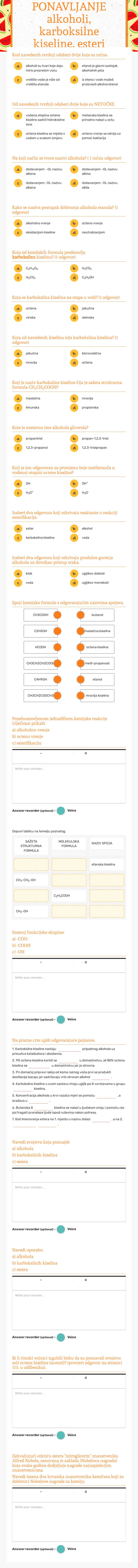 PONAVLJANJE alkoholi, karboksilne kiseline, esteri worksheet preview image