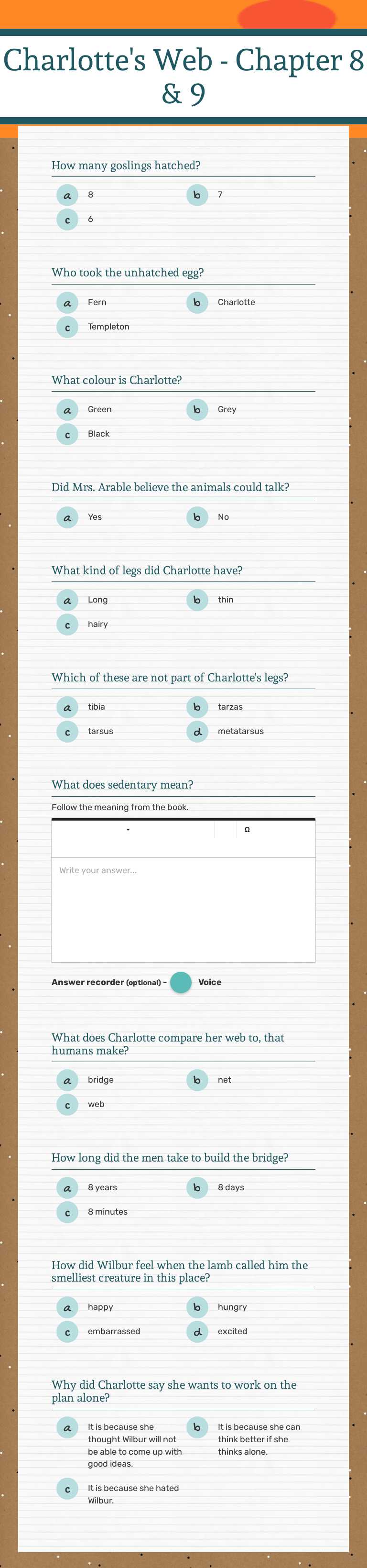 Charlotte's Web - Chapter 8 & 9 Grade 4 worksheet preview