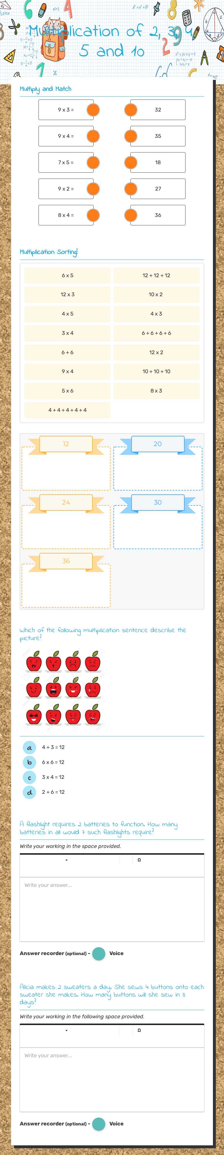 Multiplication of 
2, 3, 4, 5 and 10 worksheet preview image