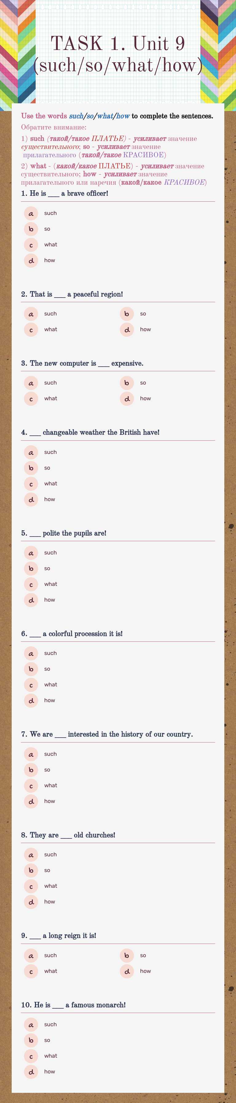 TASK 1. Unit 9 (such/so/what/how) worksheet preview image