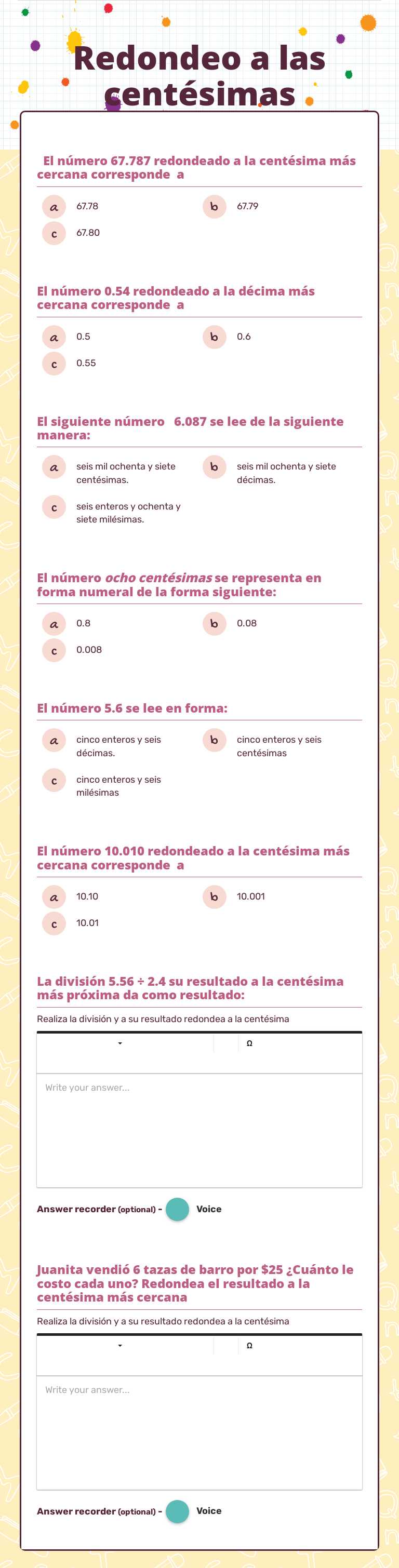 Redondeo a las centésimas worksheet preview image