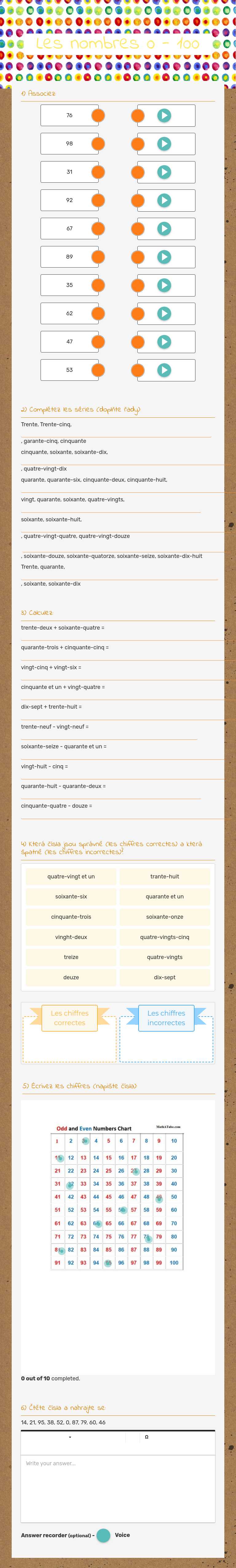 Les nombres  0 - 100 worksheet preview image