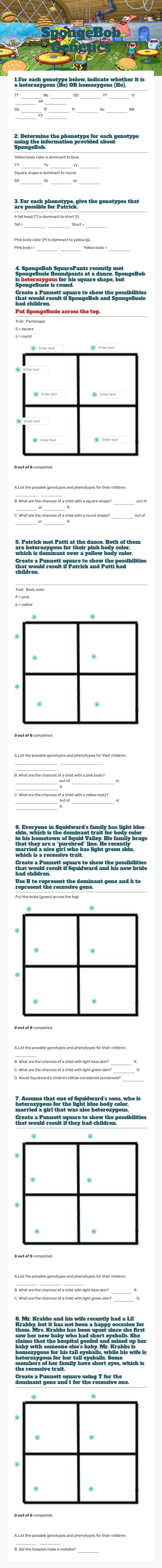 SpongeBob Genetics worksheet preview image