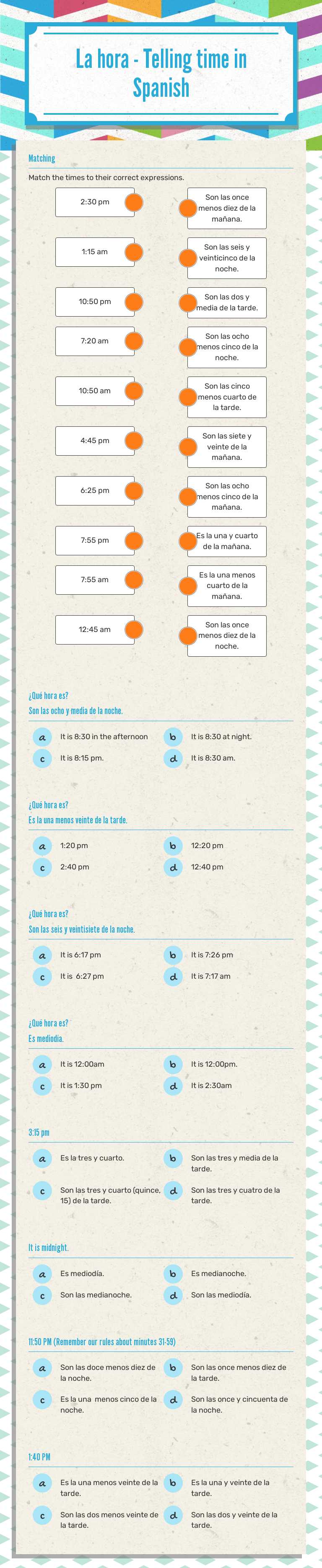 La hora - Telling time in Spanish worksheet preview image