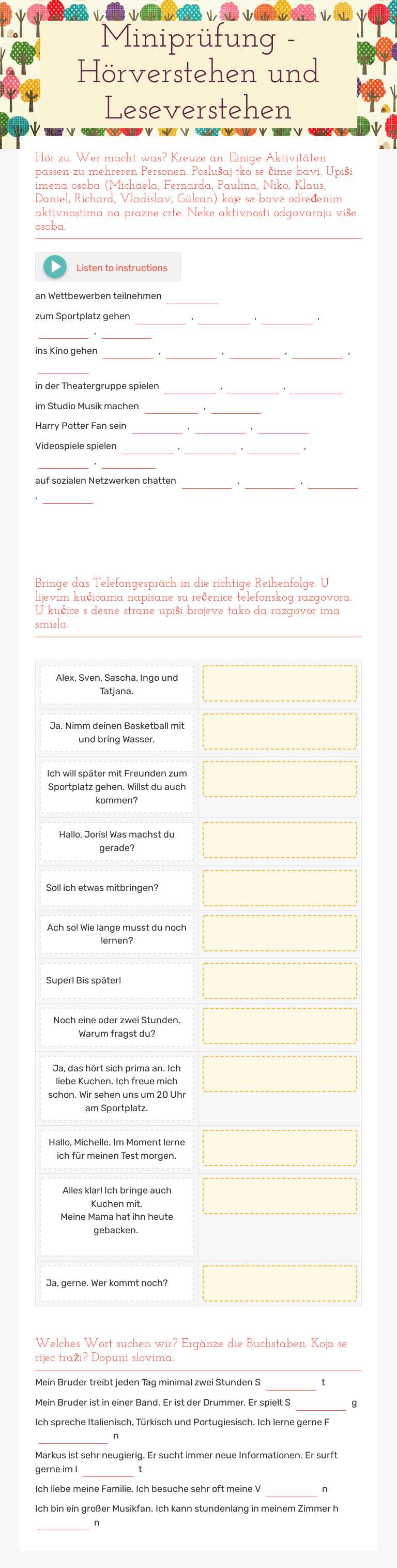 Miniprüfung - Hörverstehen und Leseverstehen Grade 7 worksheet preview