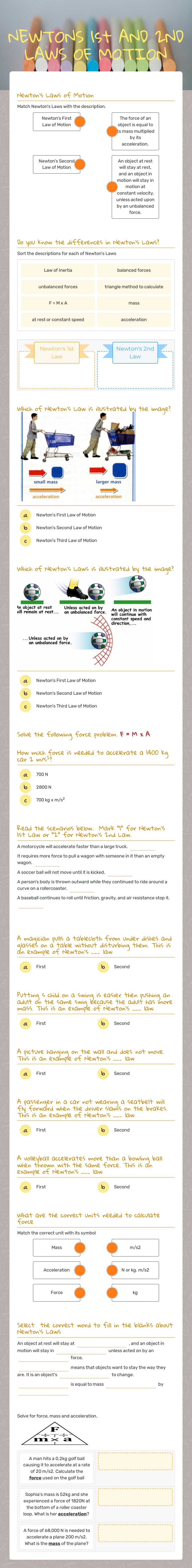 NEWTONS 1st AND 2ND LAWS OF MOTION worksheet preview image
