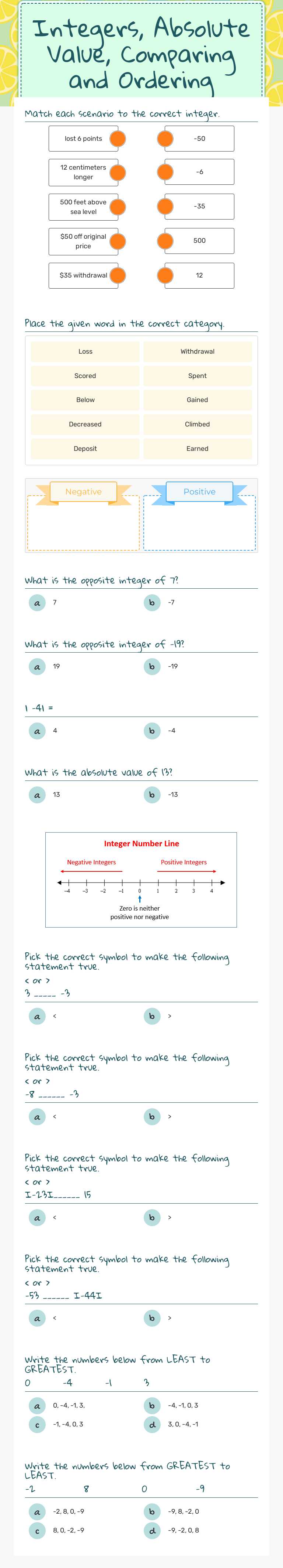 Integers, Absolute Value, Comparing and Ordering Grade 6 worksheet preview
