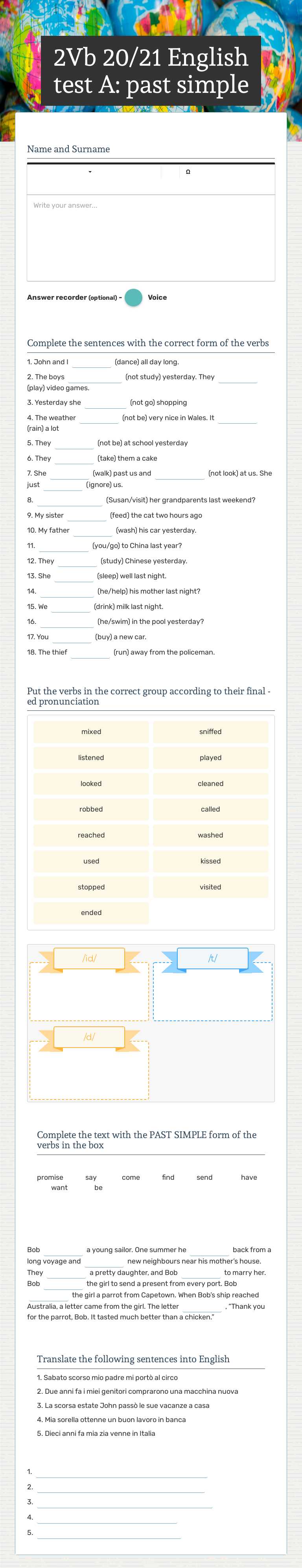 2Vb 20/21 English test A: past simple Preschool worksheet preview