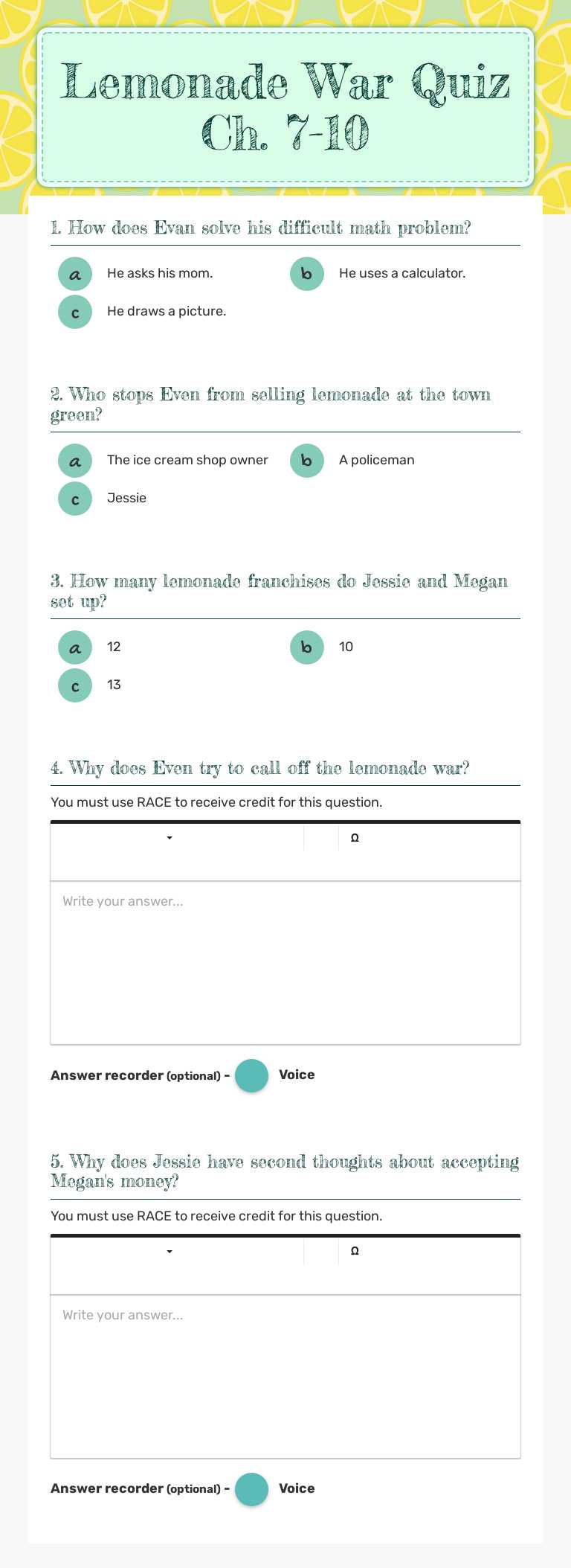 Lemonade War Quiz Ch. 7-10 worksheet preview image