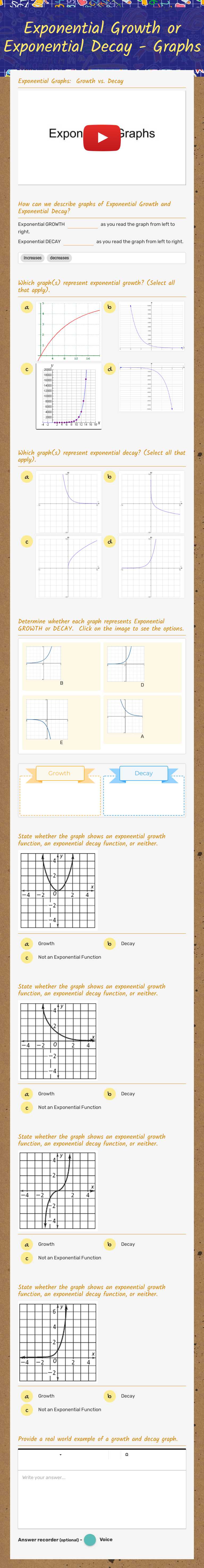 Exponential Growth or Exponential Decay - Graphs worksheet preview image