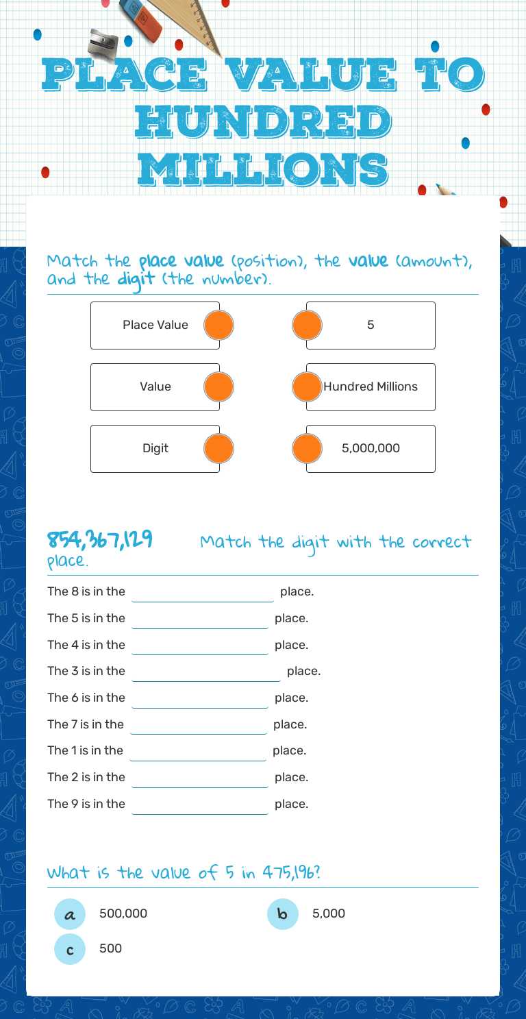 Place value to hundred millions worksheet preview image