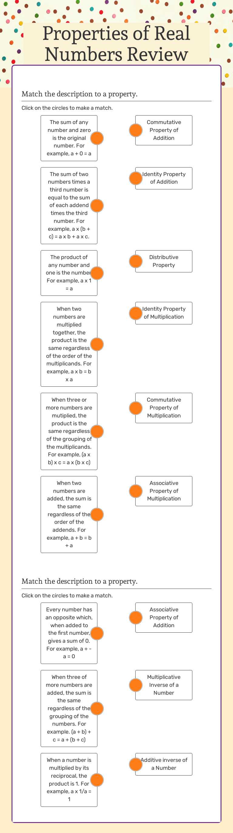 Properties of Real Numbers Review worksheet preview image