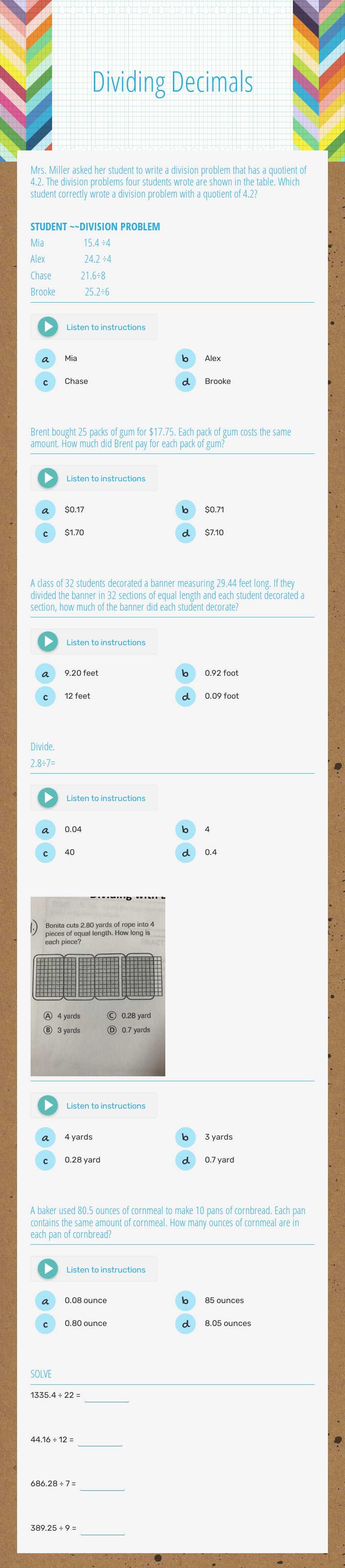 Dividing Decimals worksheet preview image