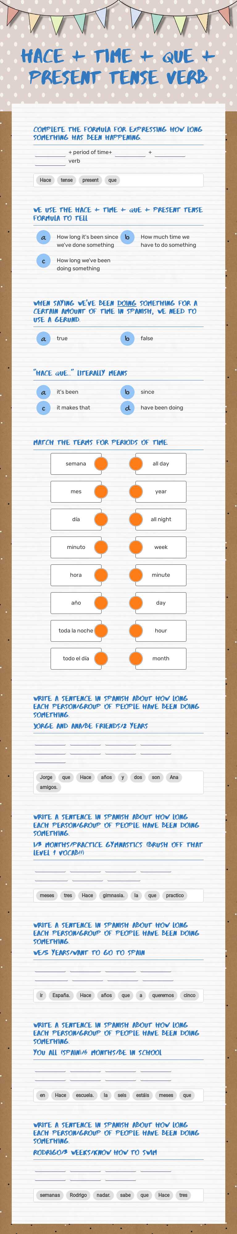 Hace + time + que + present tense verb worksheet preview image