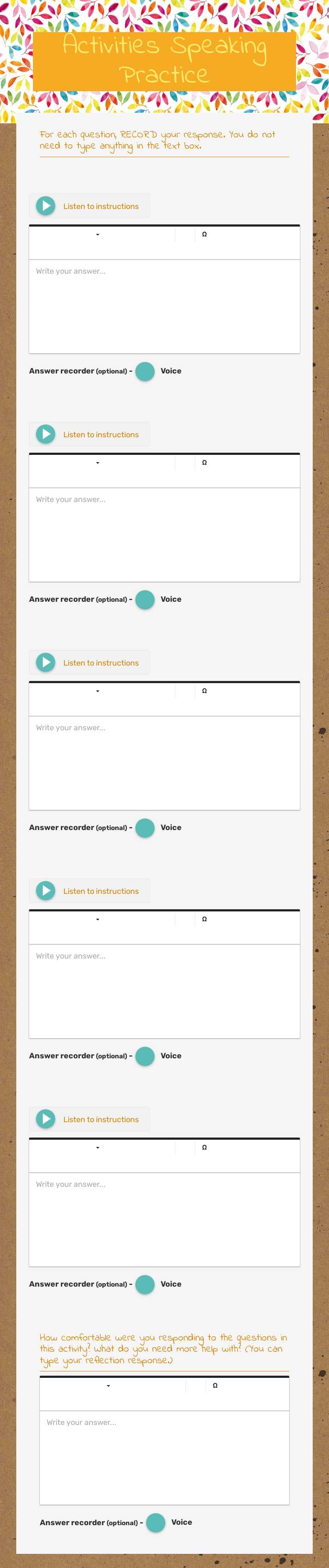 Activities Speaking Practice Grade 7 worksheet preview