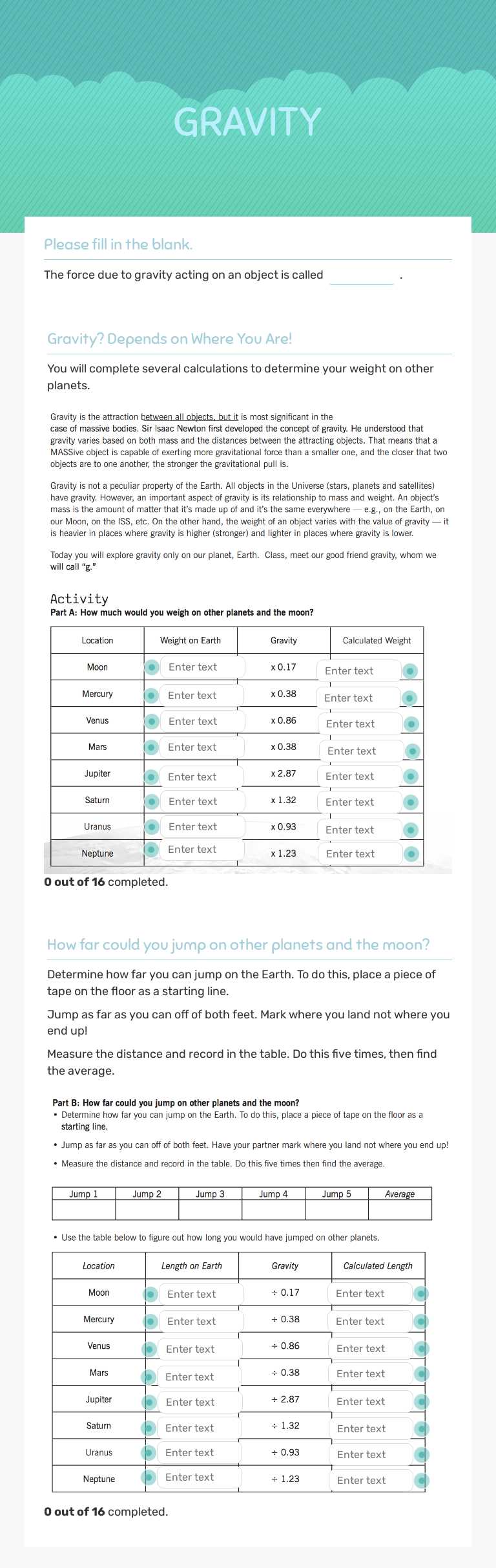 GRAVITY worksheet preview image