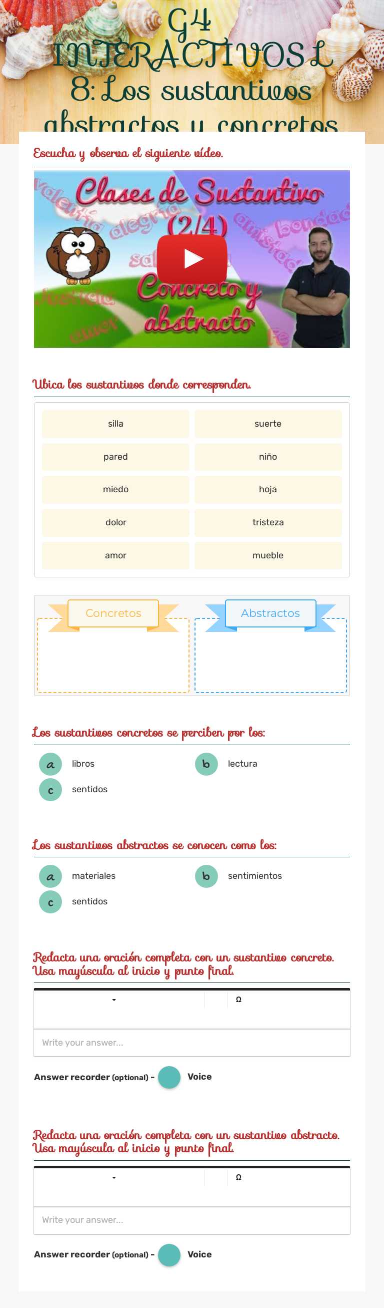 G4 INTERACTIVOS L 8: Los sustantivos abstractos y concretos Grade 4 worksheet preview
