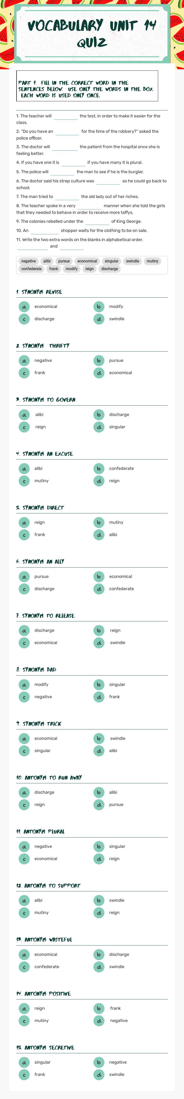 Vocabulary Unit 14 QUIZ worksheet preview image