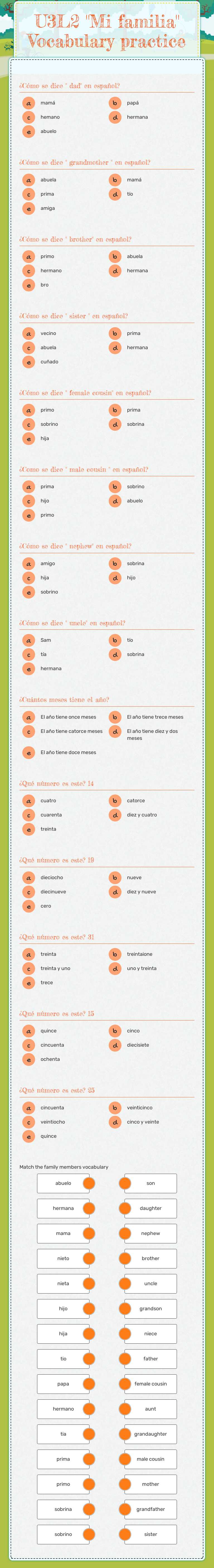 U3L2 "Mi familia" Vocabulary practice Grade 9 worksheet preview