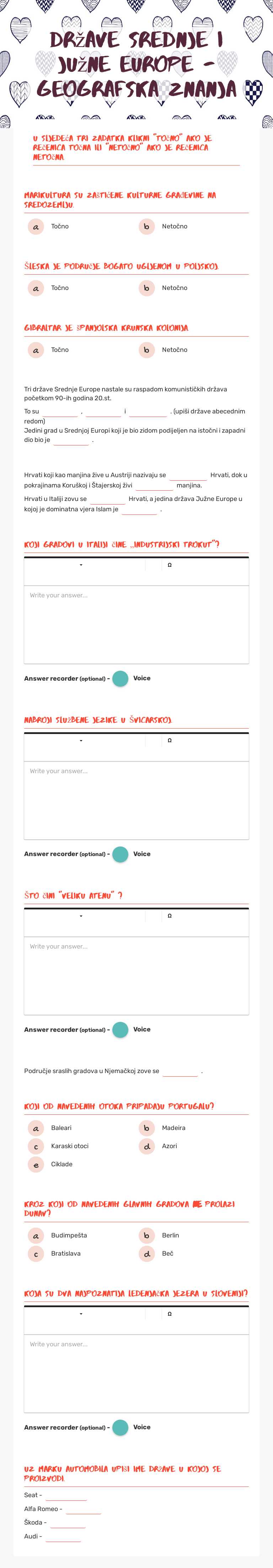 Države Srednje i južne Europe - geografska znanja Grade 7 worksheet preview