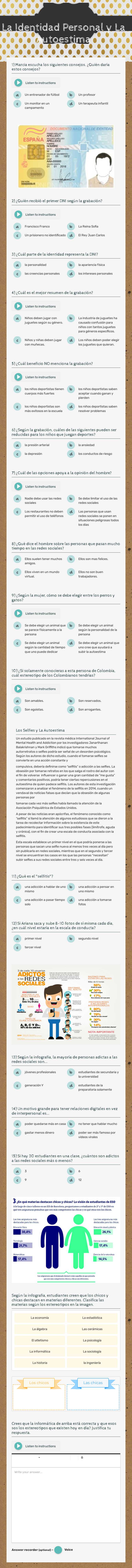 La Identidad Personal y La Autoestima Grade 10 worksheet preview