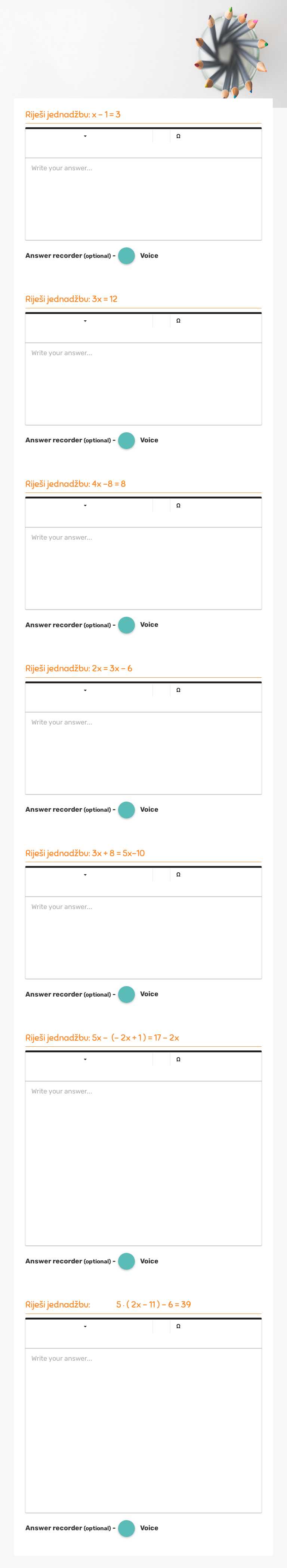 Rješavanje linearnih jednadžbi s jednom nepoznanicom - osnove Grade 6 worksheet preview