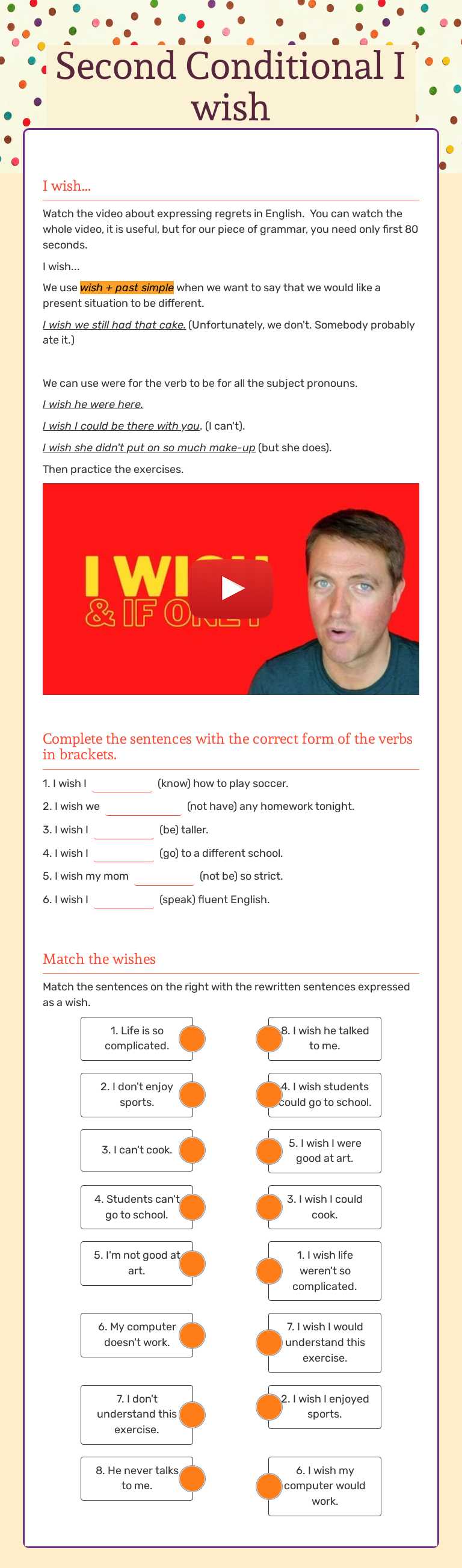 Second Conditional          I wish worksheet preview image