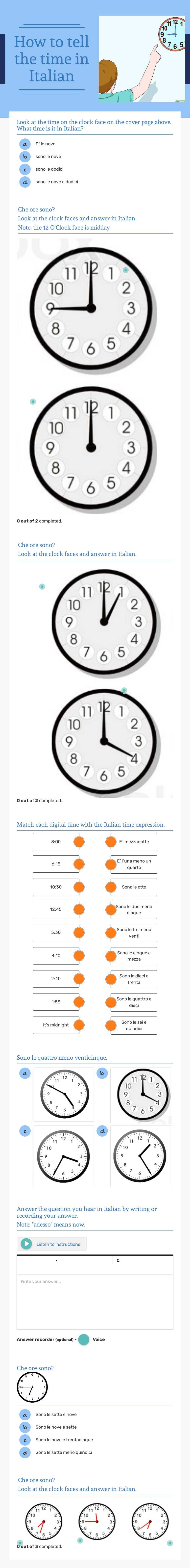 How to tell the time in Italian worksheet preview image