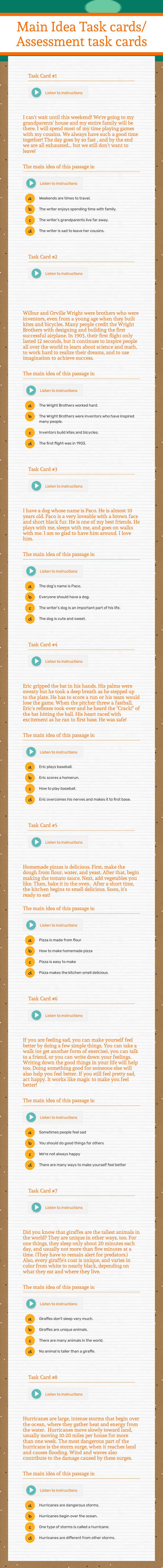 Main Idea Task cards/
Assessment task cards worksheet preview image