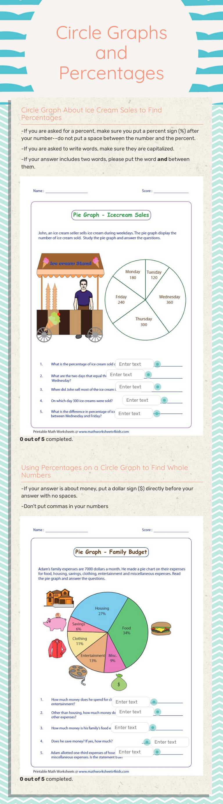 Circle Graphs and Percentages worksheet preview image