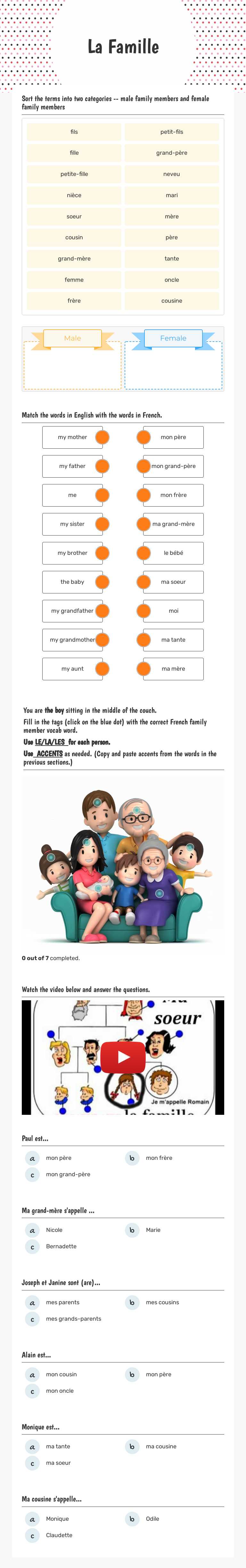 La Famille Grade 10 worksheet preview