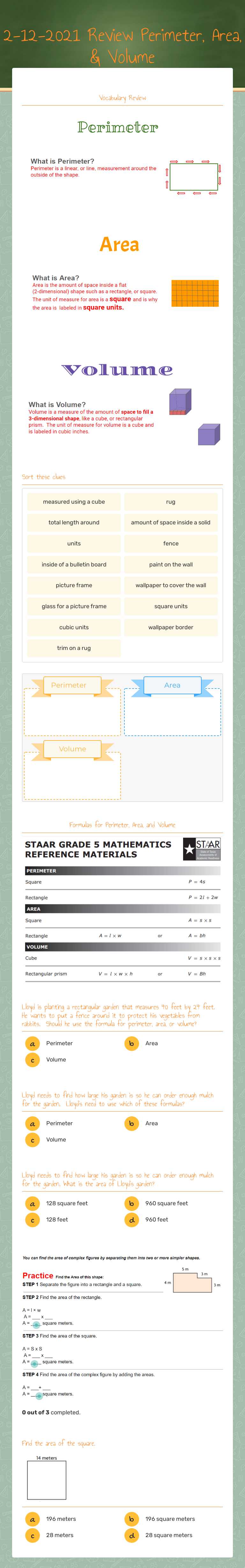 2-12-2021  Review Perimeter, Area, & Volume Grade 5 worksheet preview