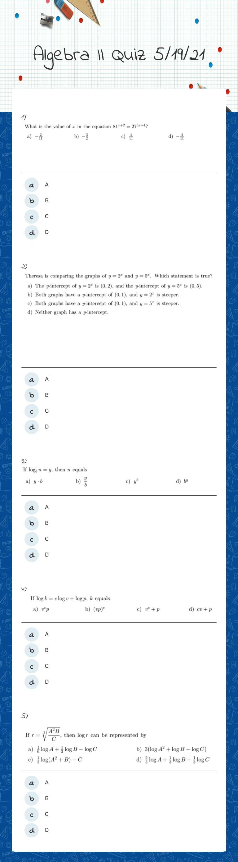Algebra II Quiz 5/19/21 worksheet preview image
