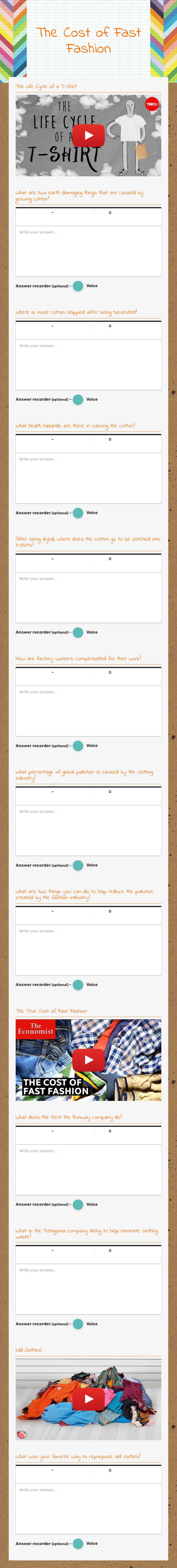 The Cost of Fast Fashion worksheet preview image